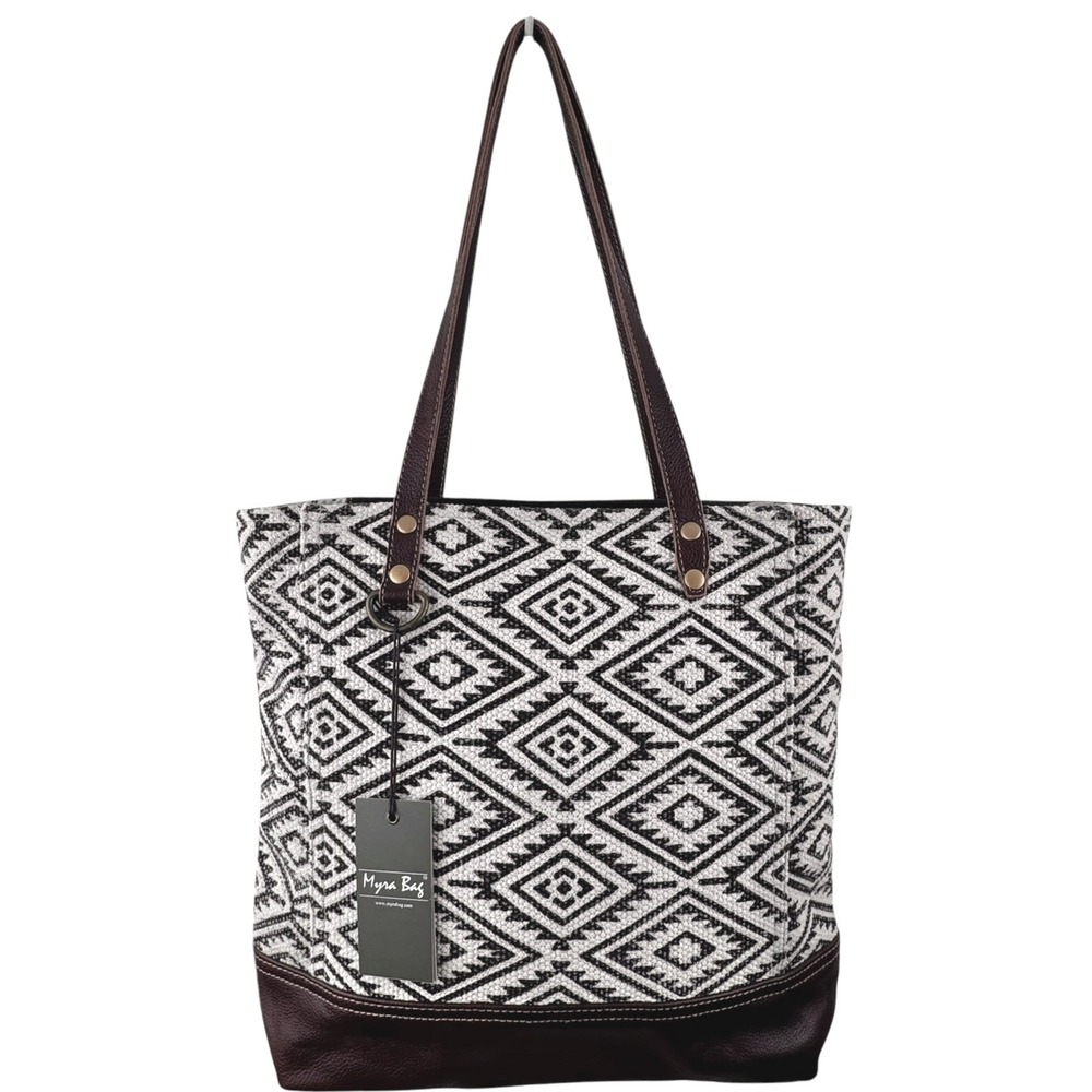 Myra Bag Solemn Tote Black Canvas Brown Leather Aztec Southwestern Diamond NWT